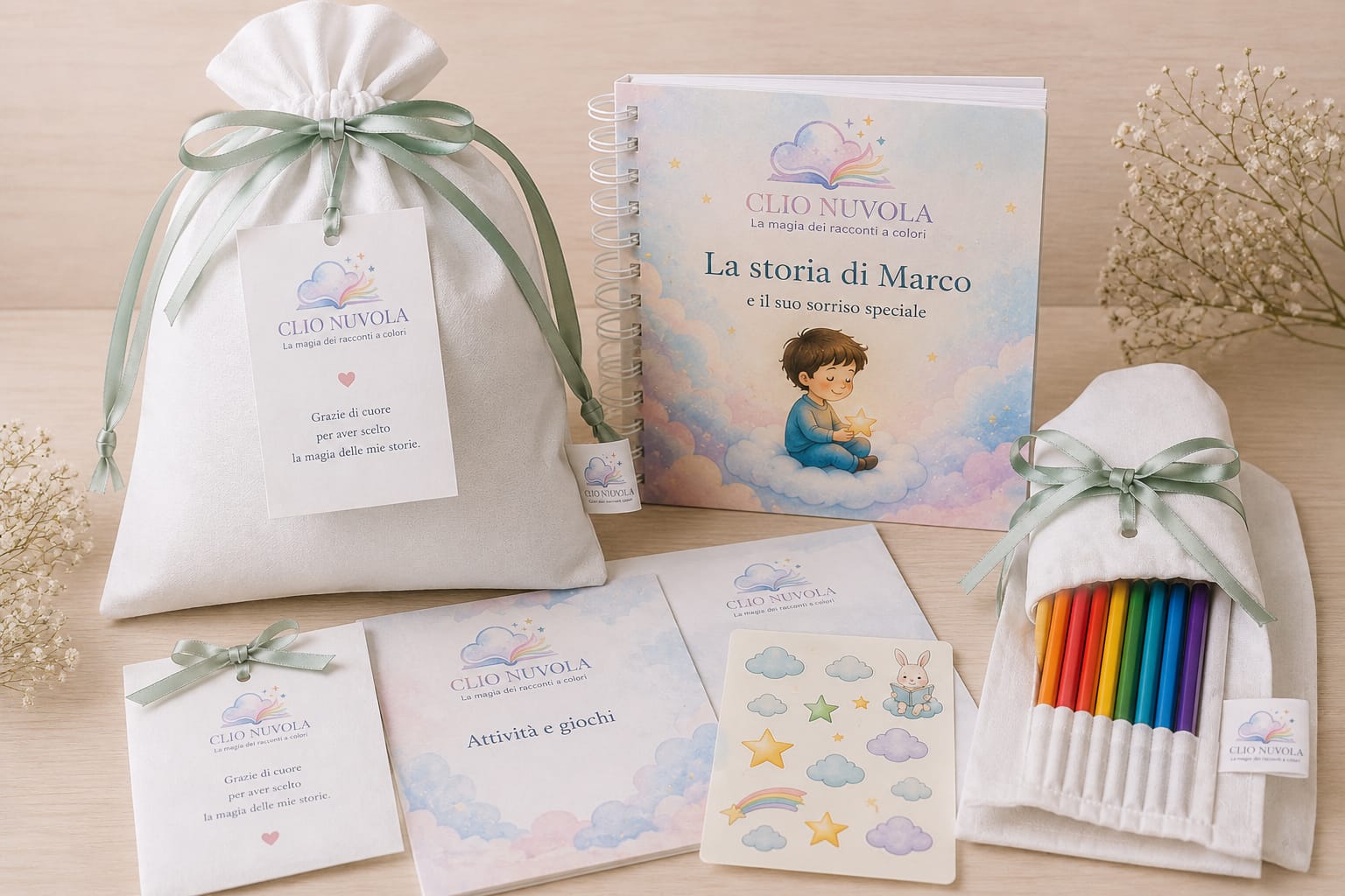 Cofanetto Clio Nuvola con libro illustrato personalizzato, matite colorate e sacchetto in tessuto